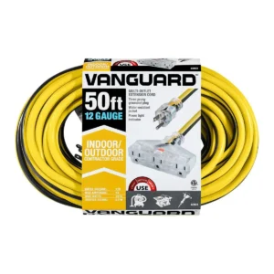 vangaurdcord(1) VANGUARD 50 ft. x 12/3 Gauge Multiple Outlet Extension Cord with Indicator Light, Yellow, Black